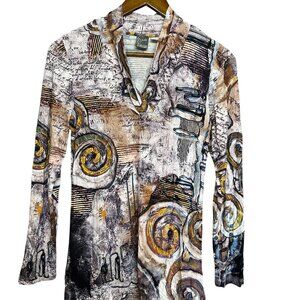 Art Simply Dolcezza Stretchy Split Neck Long Sleeve Fibonacci Swirl Top Sz XS